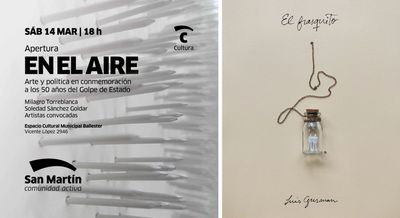 Invitation to 'En el Aire' art event commemorating 50 years since the coup, with a delicate art piece.