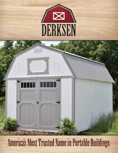 Derksen logo, grey barn, "America's Most Trusted Name in Portable Buildings"