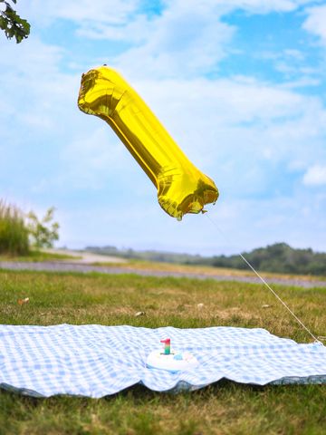 Gold balloon shaped like the number 1 floating above a picnic blanket and cake.