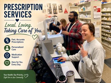 Pharmacy staff providing local prescription services with personalized care.