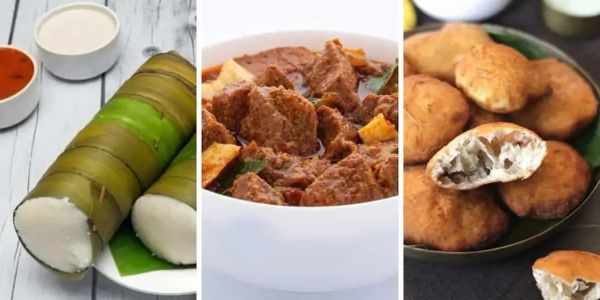 Traditional Indian dishes: Puttu, Beef Curry, and Parippu Vada.