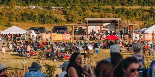 Outdoor music festival with a crowd enjoying a live performance on a sunny day.