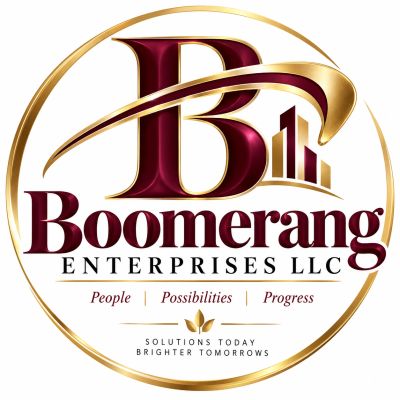 Boomerang Enterprises LLC logo with gold and burgundy colors.