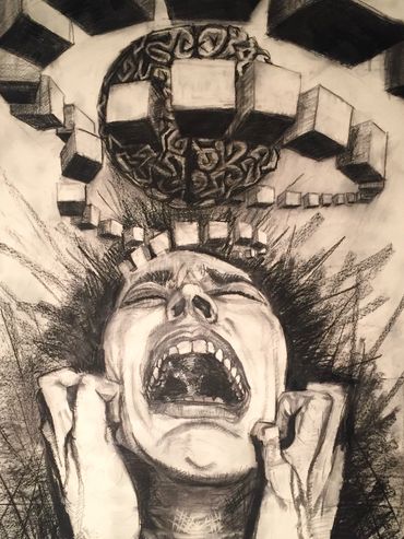 Woman groans in pain as her head is turned into spiraling boxes.