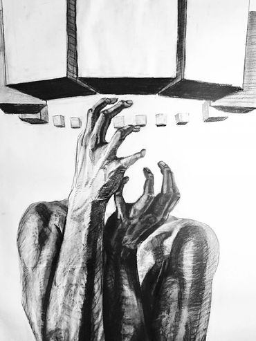 Woman lacking head grabs at the empty space as giant boxes loom overhead