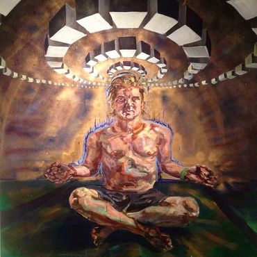 Man sitting crosslegged attempting to reach enlightenment. Squares expand out from his mind.
