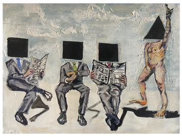 Group of square-headed businessmen going about their day next to a triangle-headed nudist rockstar. 