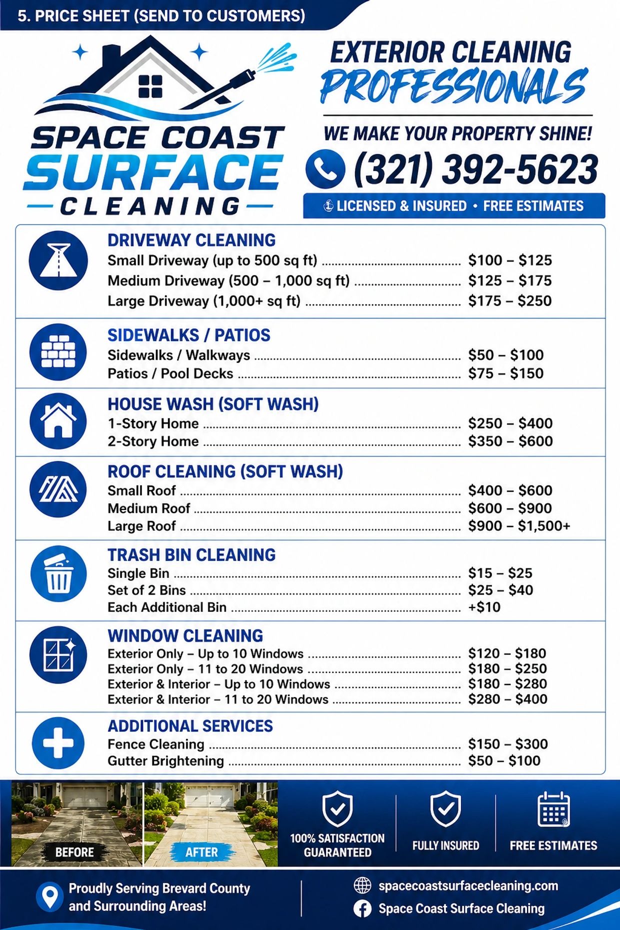 Price sheet for Space Coast Surface Cleaning services with before and after driveway cleaning photos.