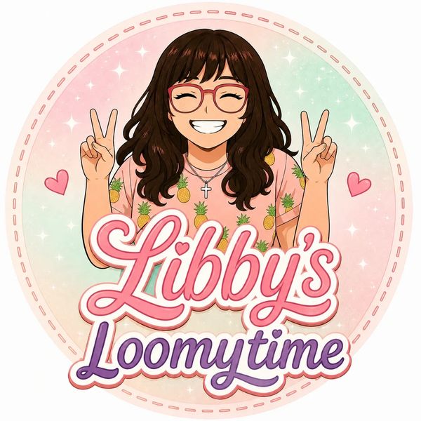 Illustration of a smiling girl with glasses and peace signs, labeled 'Libby's Loomytime'.