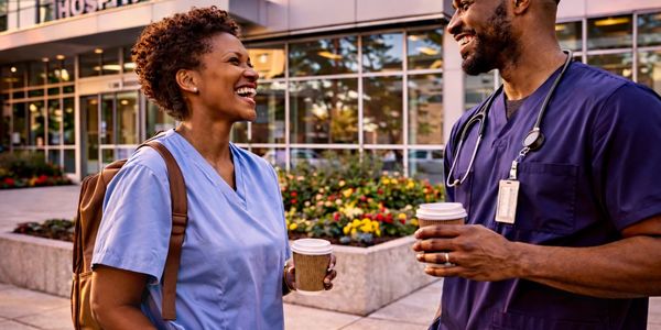 Two healthcare workers in scrubs enjoying coffee and chatting outside a hospital.