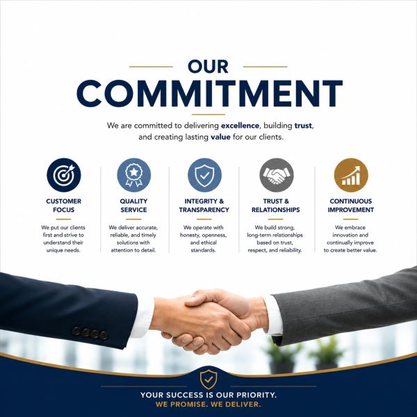 Commitment to customer focus, quality, integrity, trust, and continuous improvement with a handshake symbolizing partnership.