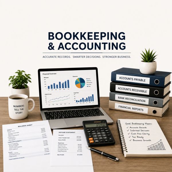 Workspace setup for bookkeeping and accounting with charts, reports, and organized binders.