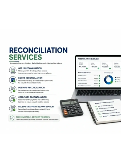 Reconciliation services overview with laptop, calculator, checklist, and mug on a white desk.