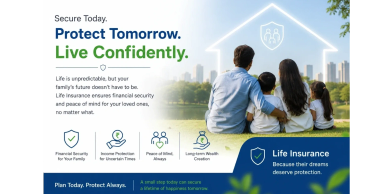 Life insurance ad emphasizing confidence and security for families' futures.