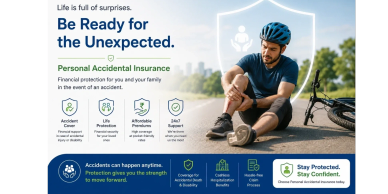 Man with a scraped knee after a bike accident promoting personal accidental insurance.