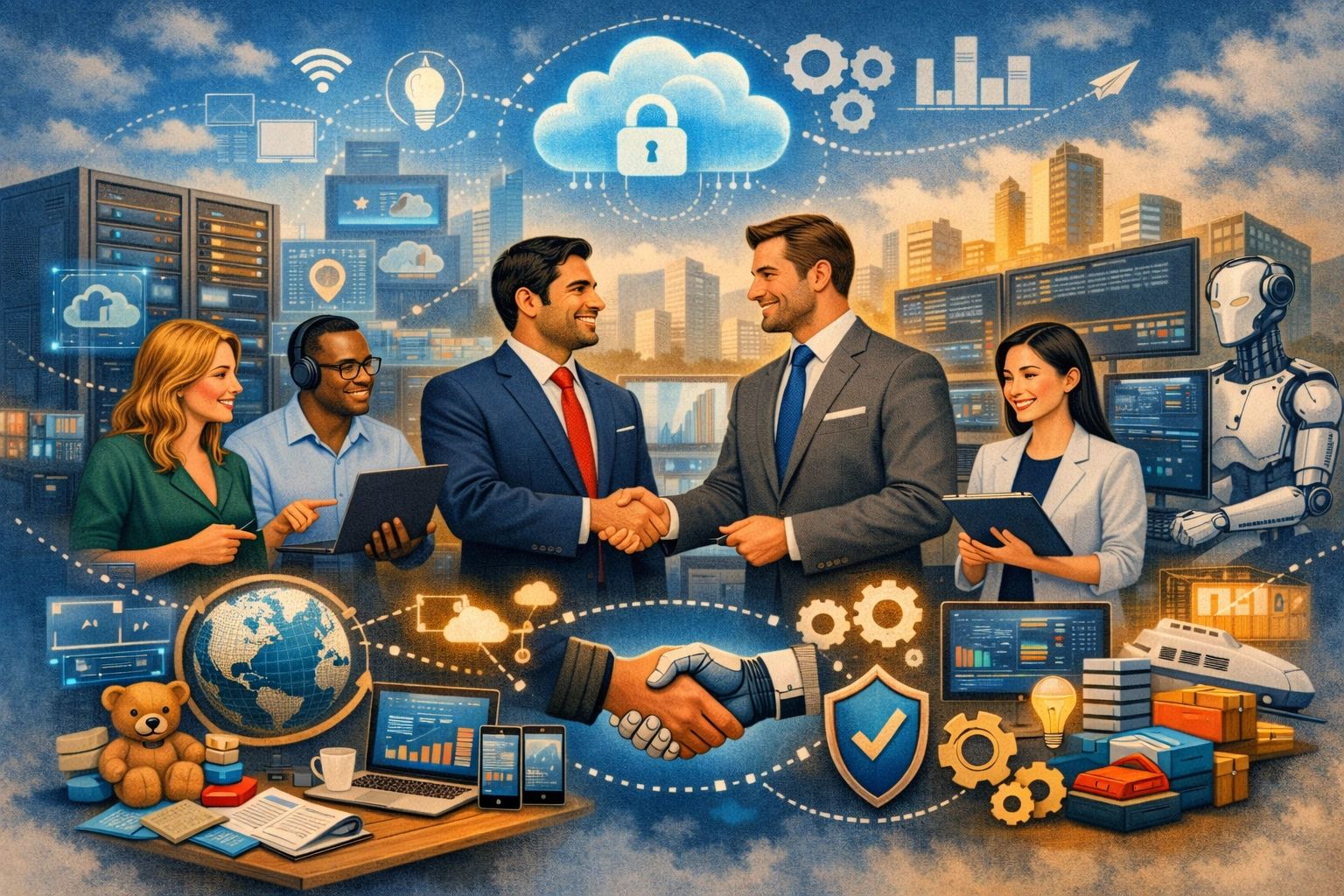 Business professionals and AI robot shaking hands with technology icons around them.