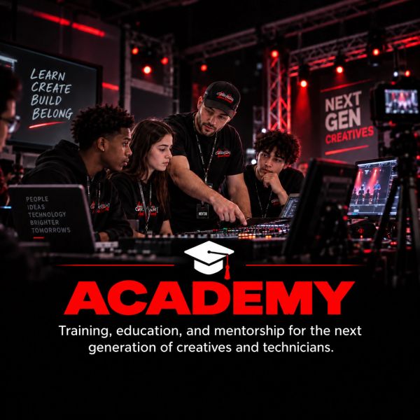 A mentor training young creatives in a modern academy setting.