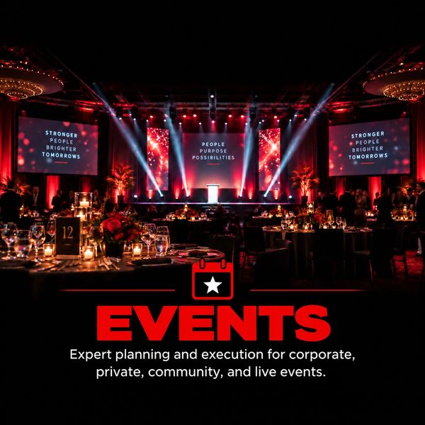 Corporate event setup with elegant lighting and decor.