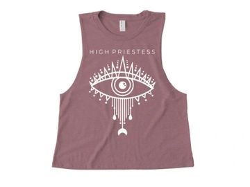 PINK MUSCLE TANK TOP THAT SAYS HIGH PRIESTESS ON THE CHEST IN WHITE INK WITH THIRD EYE ARTWORK