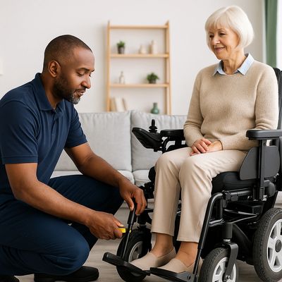 Caregiver fixing wheelchair for elderly woman at home.