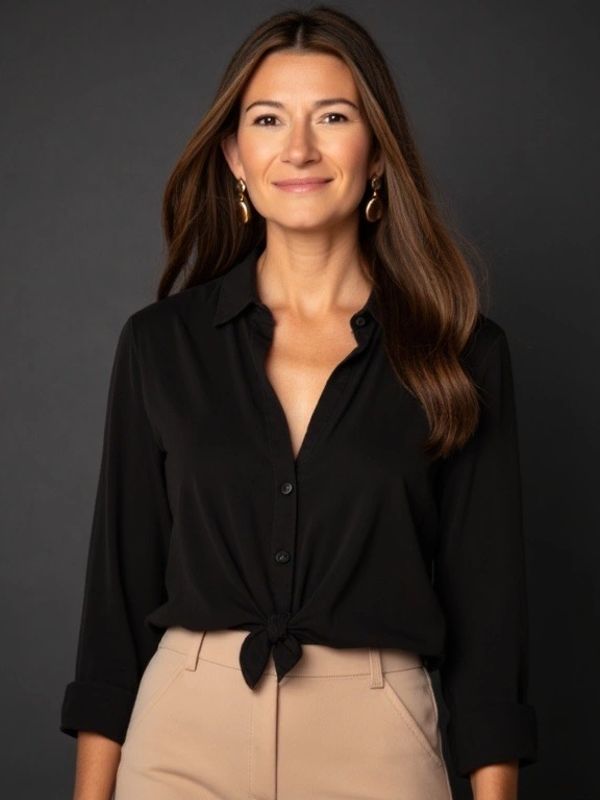 Woman wearing a black blouse and beige pants.