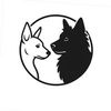 A yin-yang style design featuring a white dog and a black wolf.