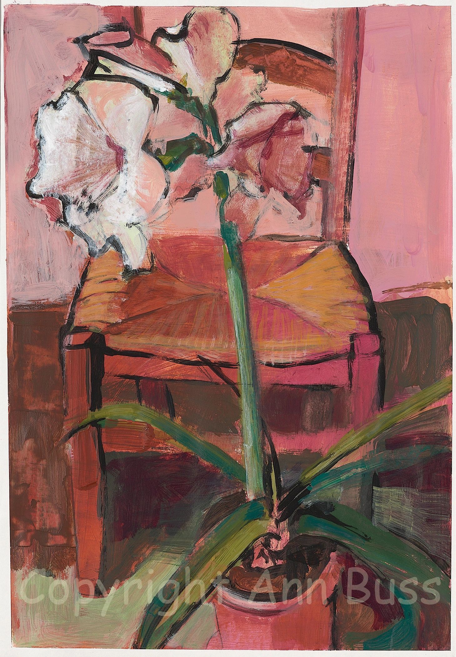 Abstract painting of a white flower with green stem in a pink and brown interior.