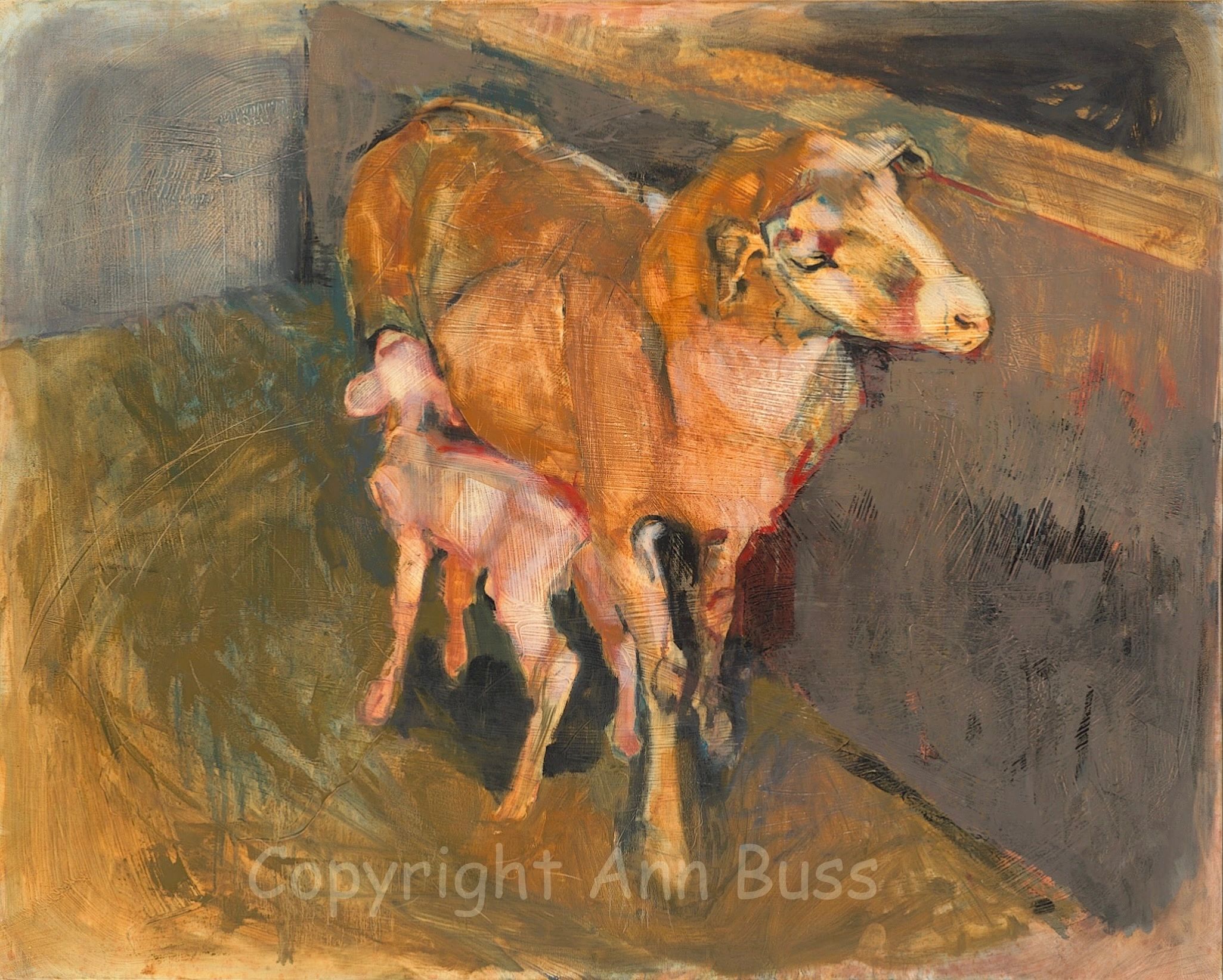 Abstract painting of a cow standing on a textured surface.