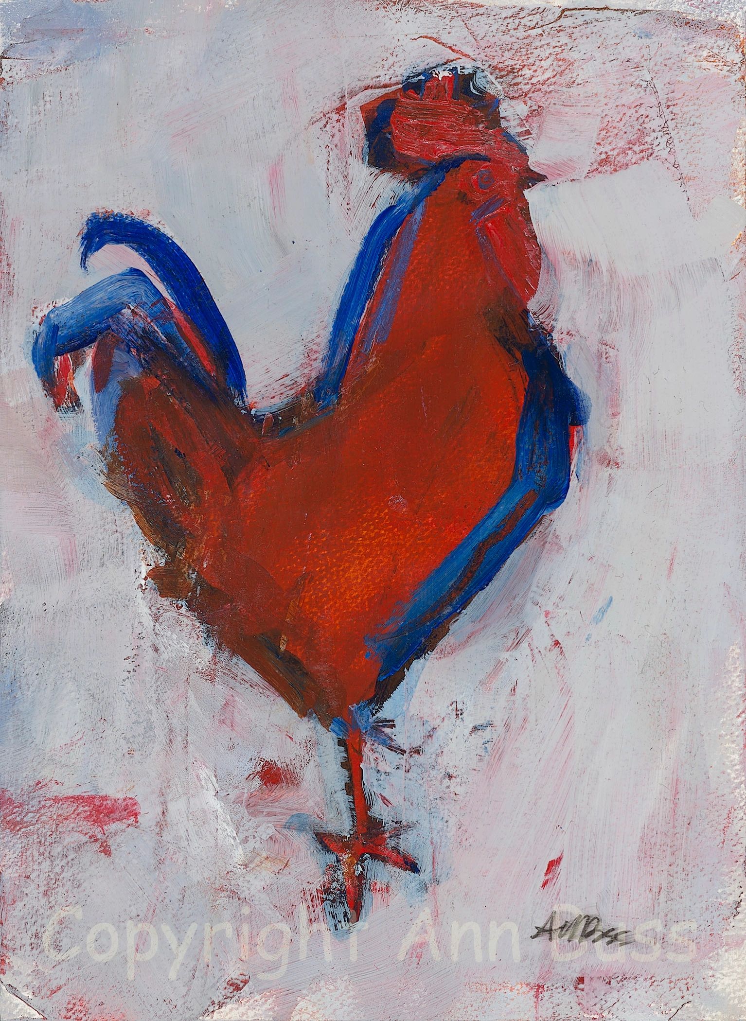Abstract painting of a red rooster with blue accents on a textured white background.