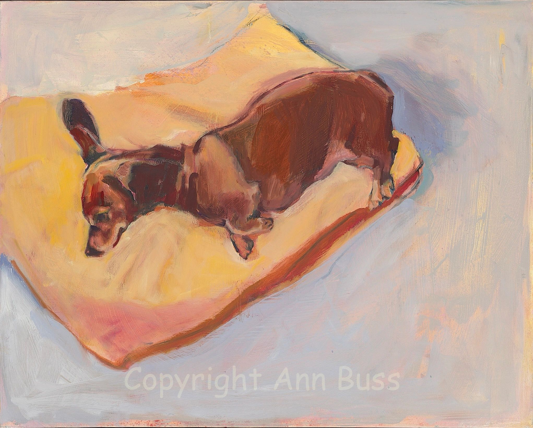 Abstract painting of a brown dog lying on a yellow blanket.