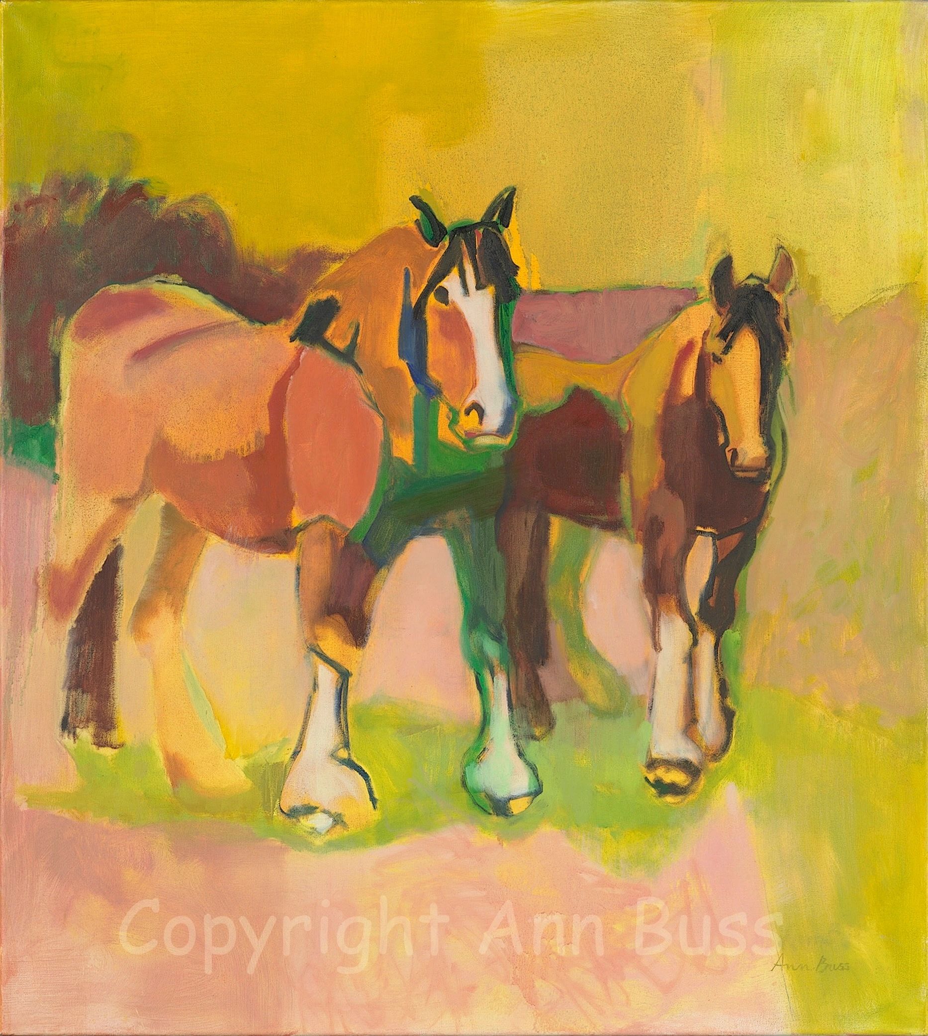 Abstract painting of two horses with vibrant colors and bold brushstrokes.