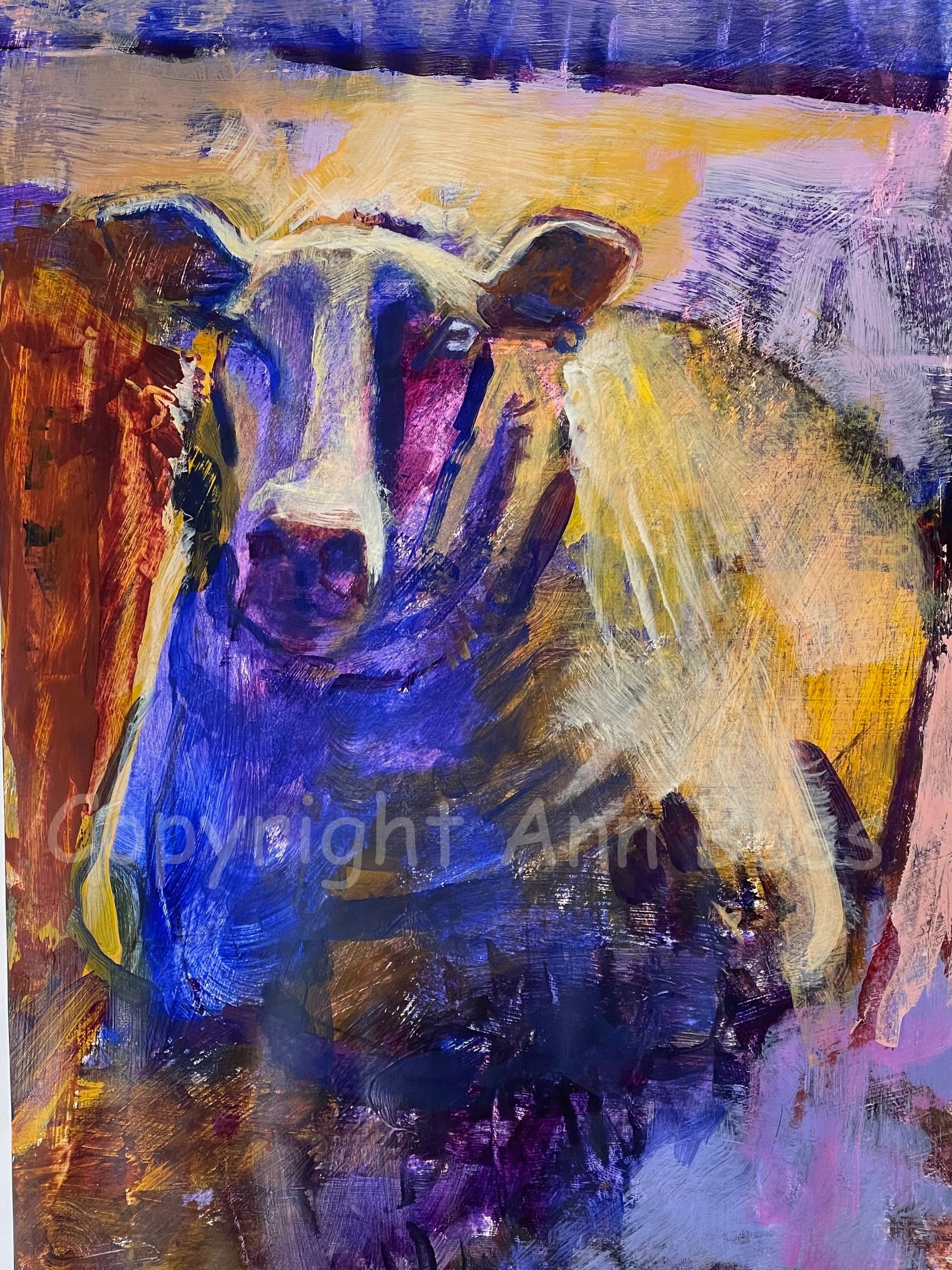 Colorful abstract painting of a cow with vivid purples and yellows.