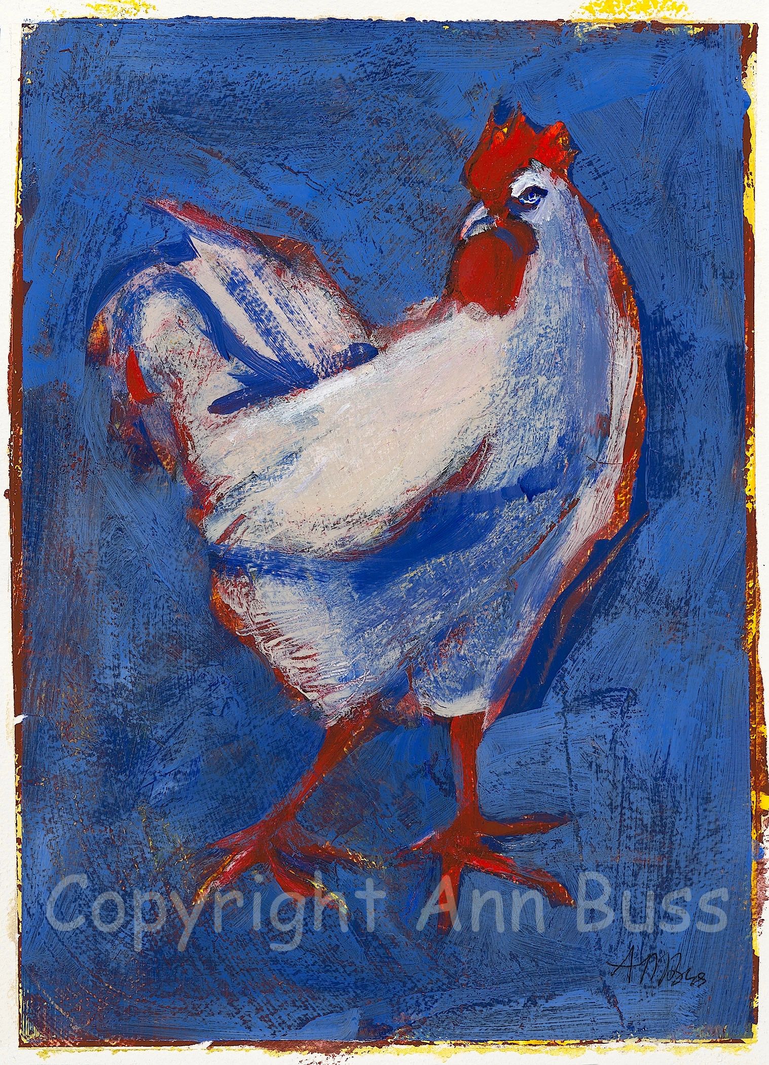 Colorful painting of a chicken against a blue background.