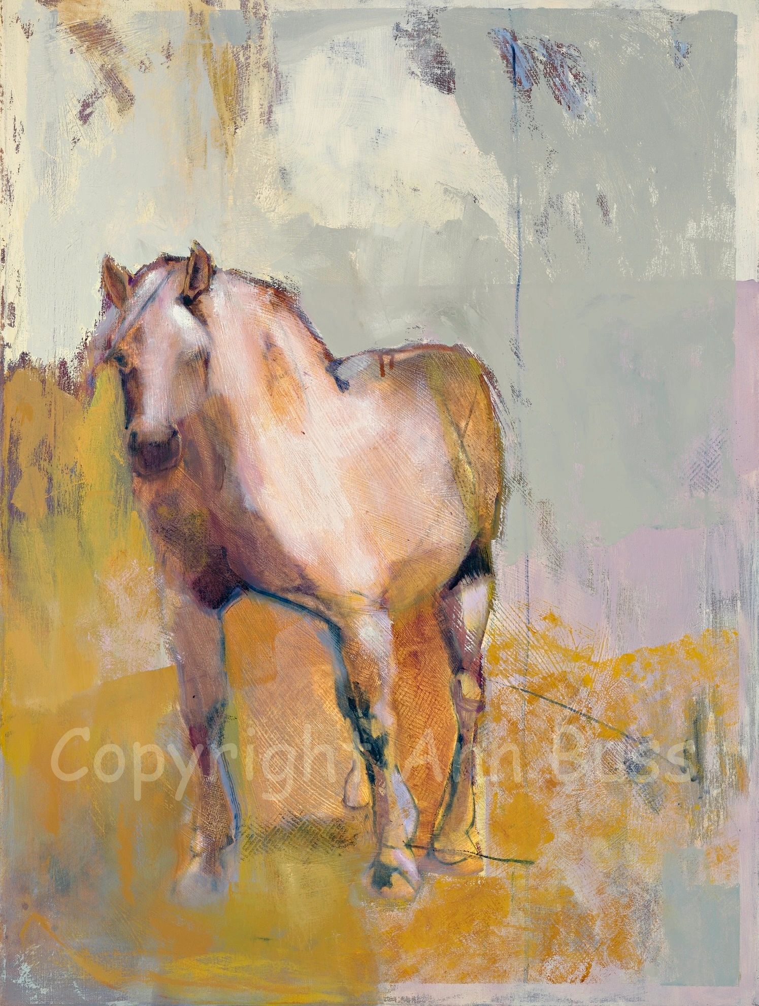 Abstract painting of a horse with earthy tones and textured background.