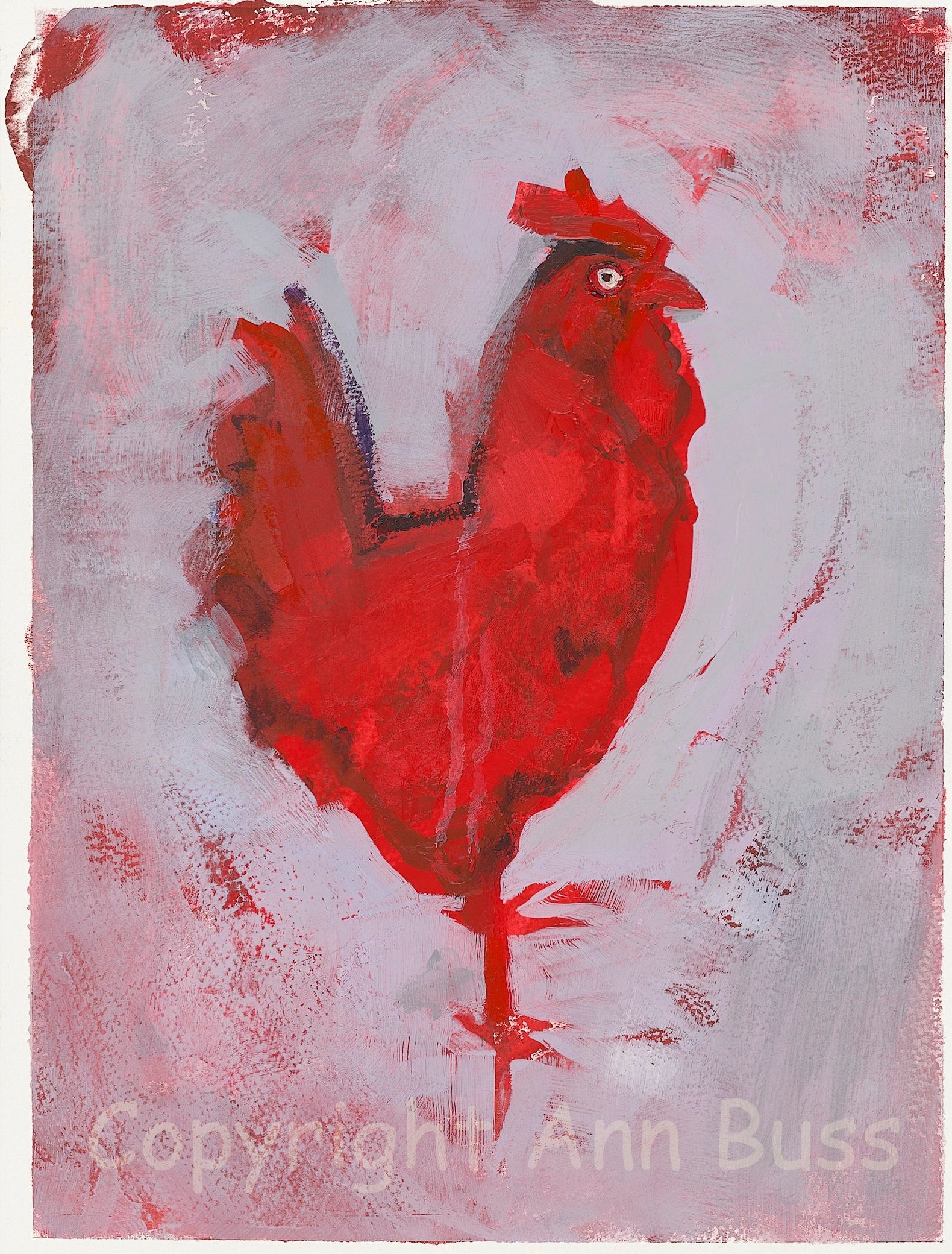 Abstract red rooster painting with textured brush strokes on soft purple background.