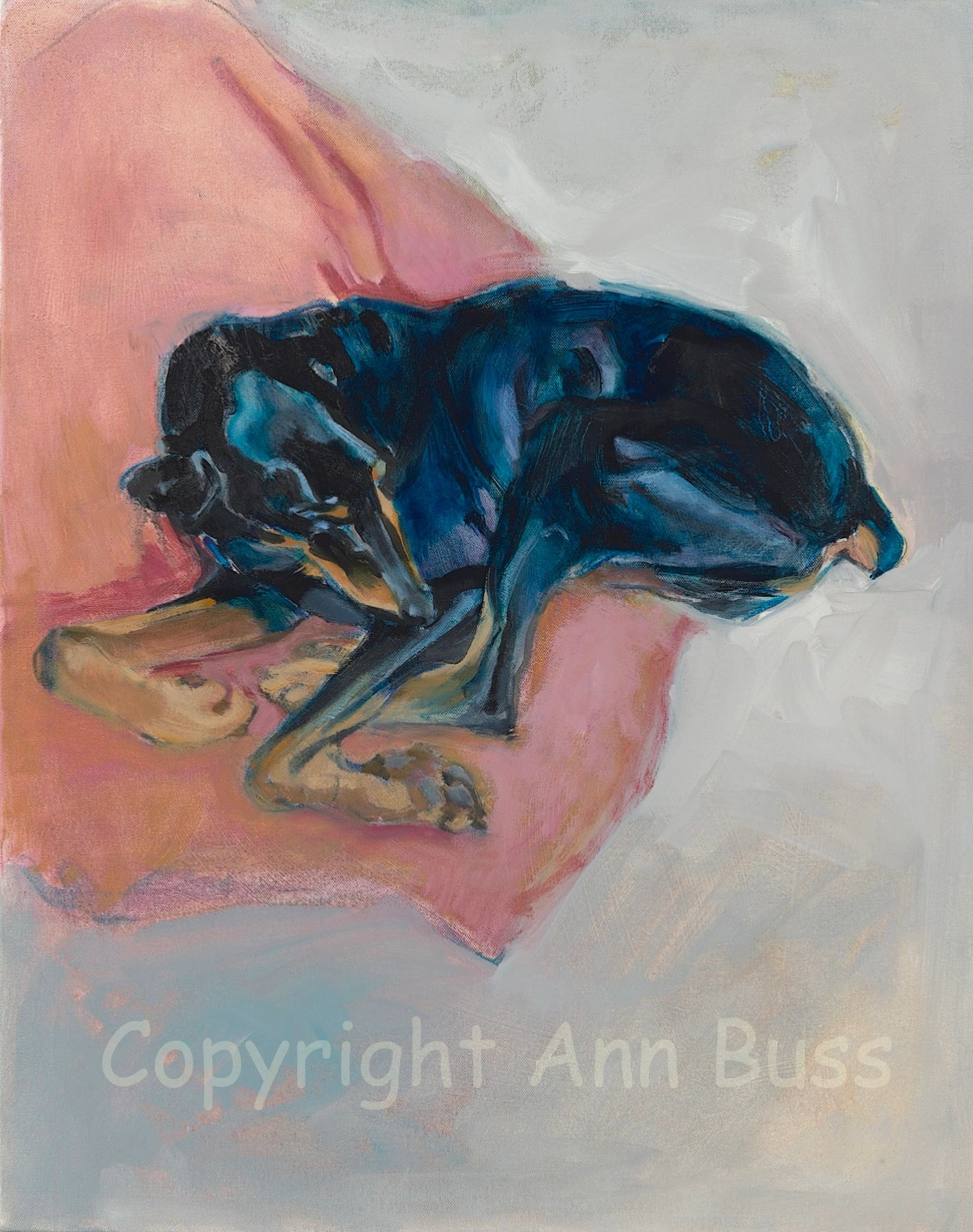 Painting of a black dog resting on a pink and white surface.