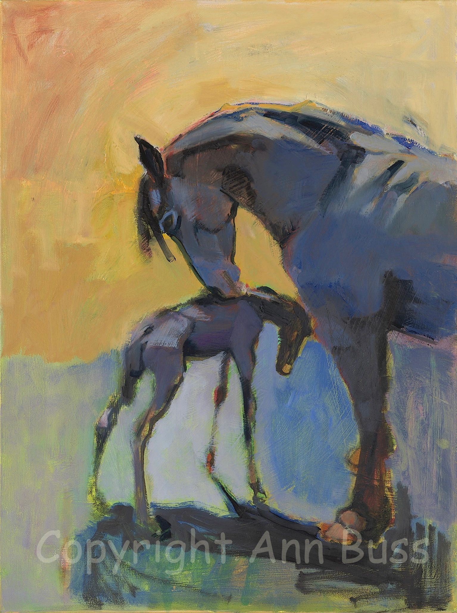 Abstract painting of a mare and foal with vibrant, expressive brushstrokes.