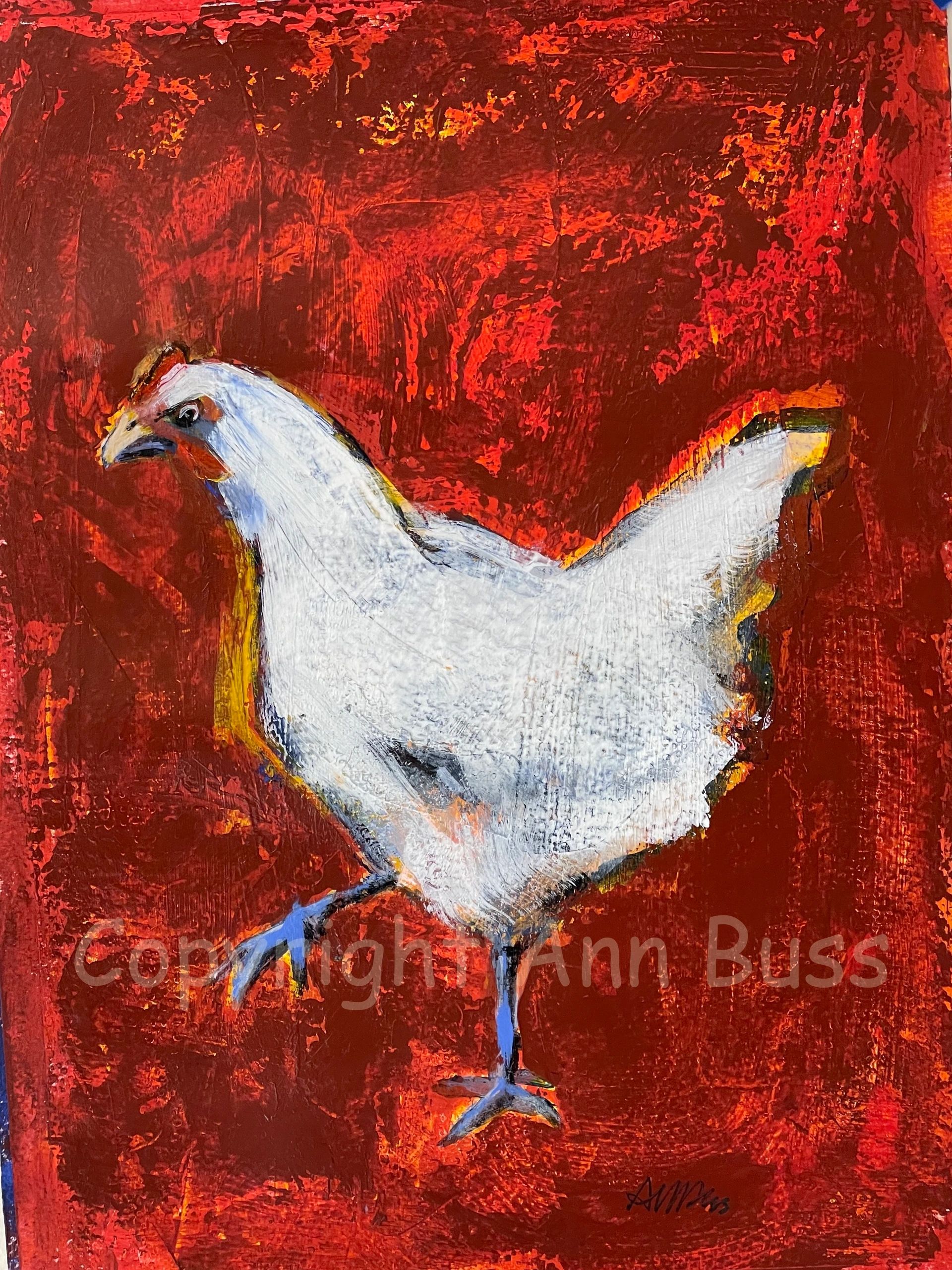 White chicken on a textured red background painting.