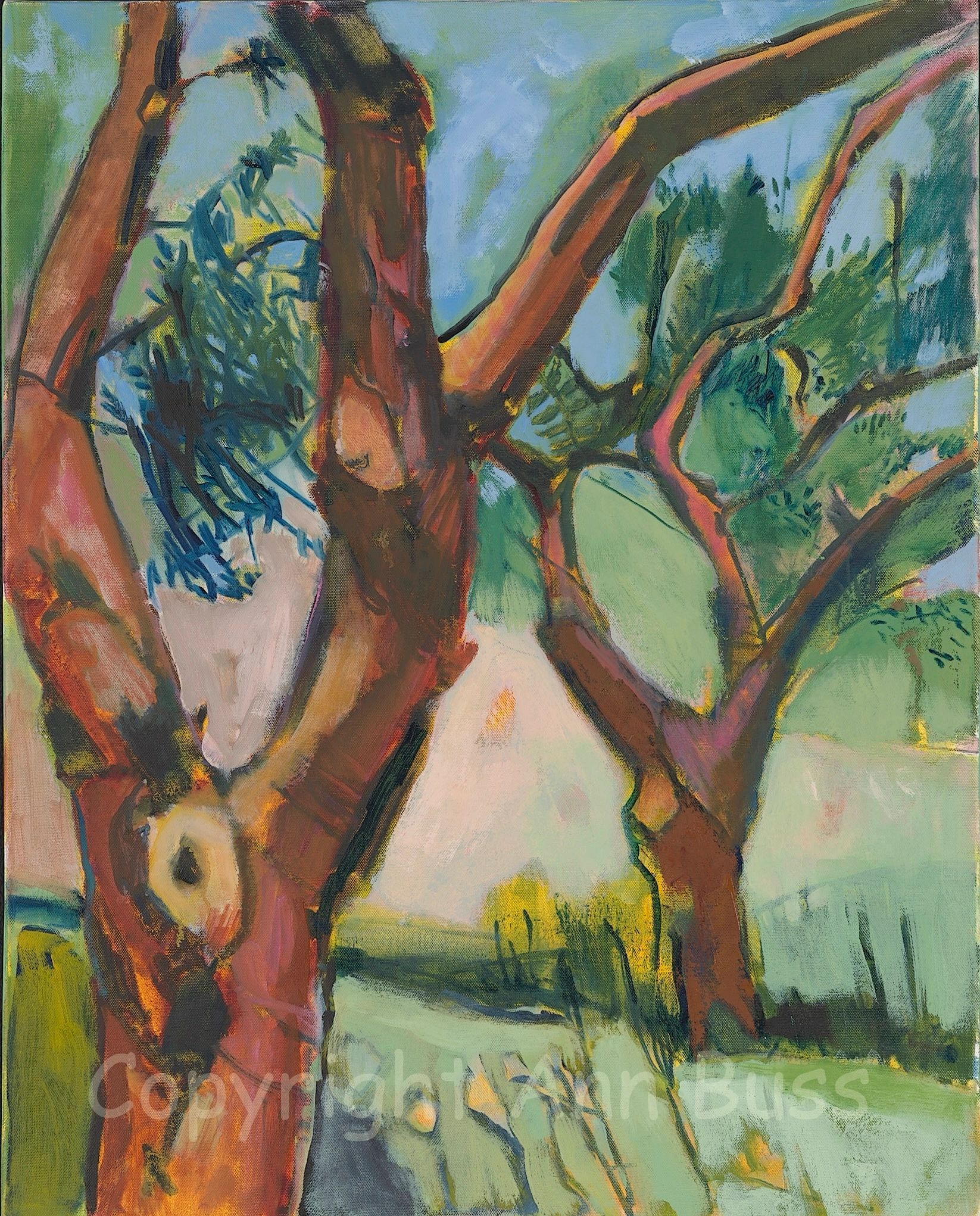 Abstract painting of tree branches with vibrant colors and dynamic brushstrokes.