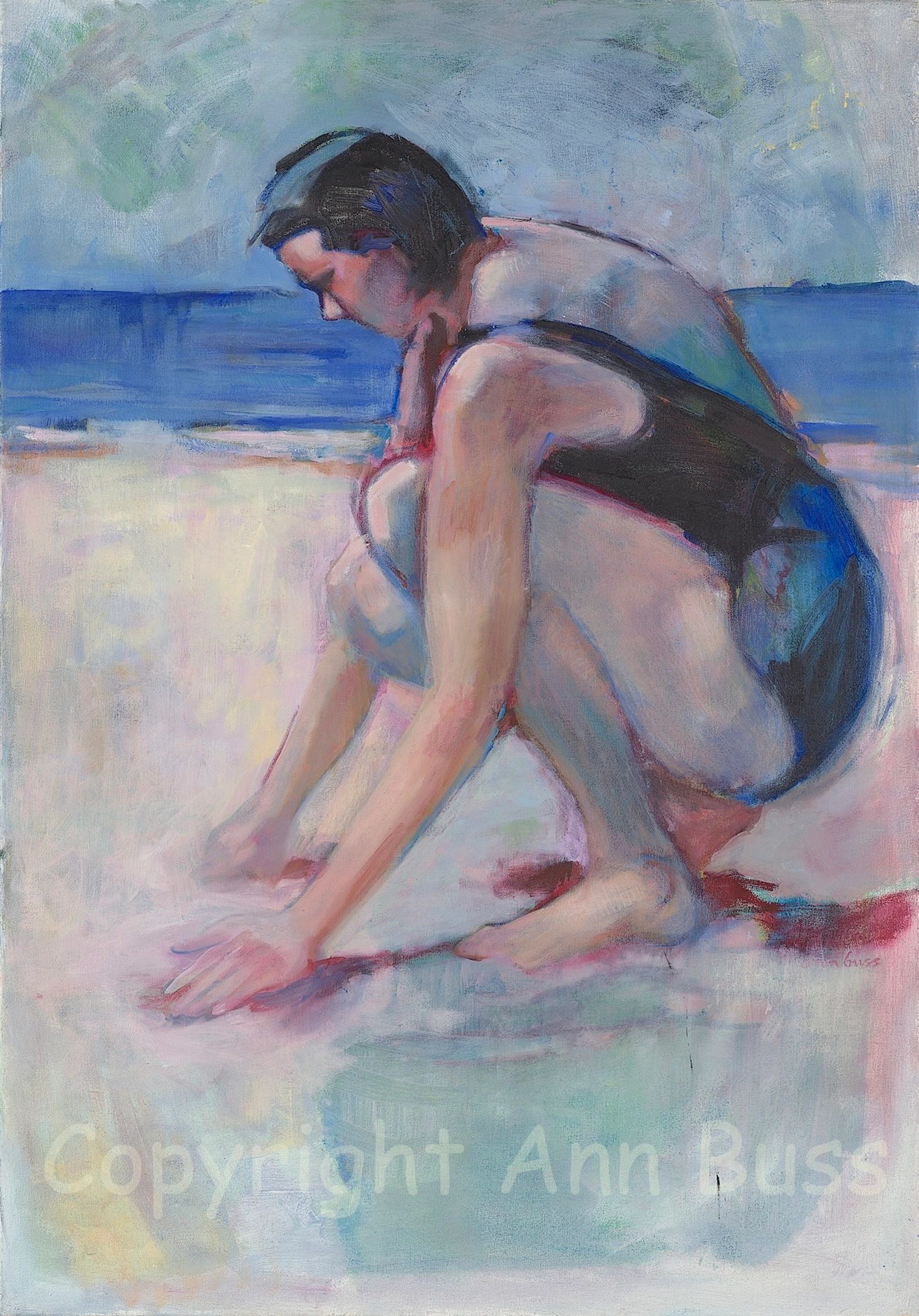Painting of a woman in a black swimsuit crouching on the beach.