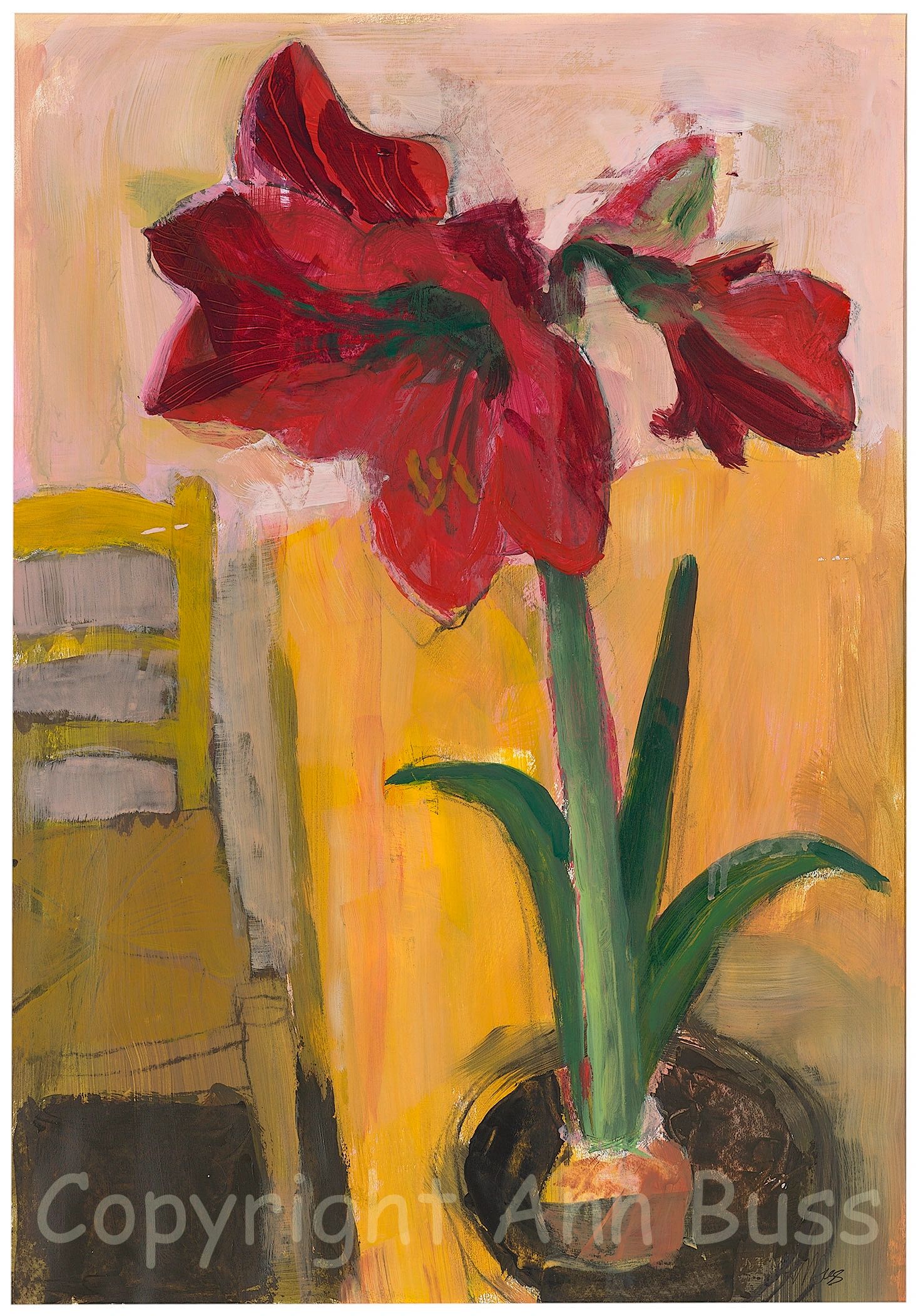 Abstract painting of a red amaryllis flower in a pot beside a yellow chair.