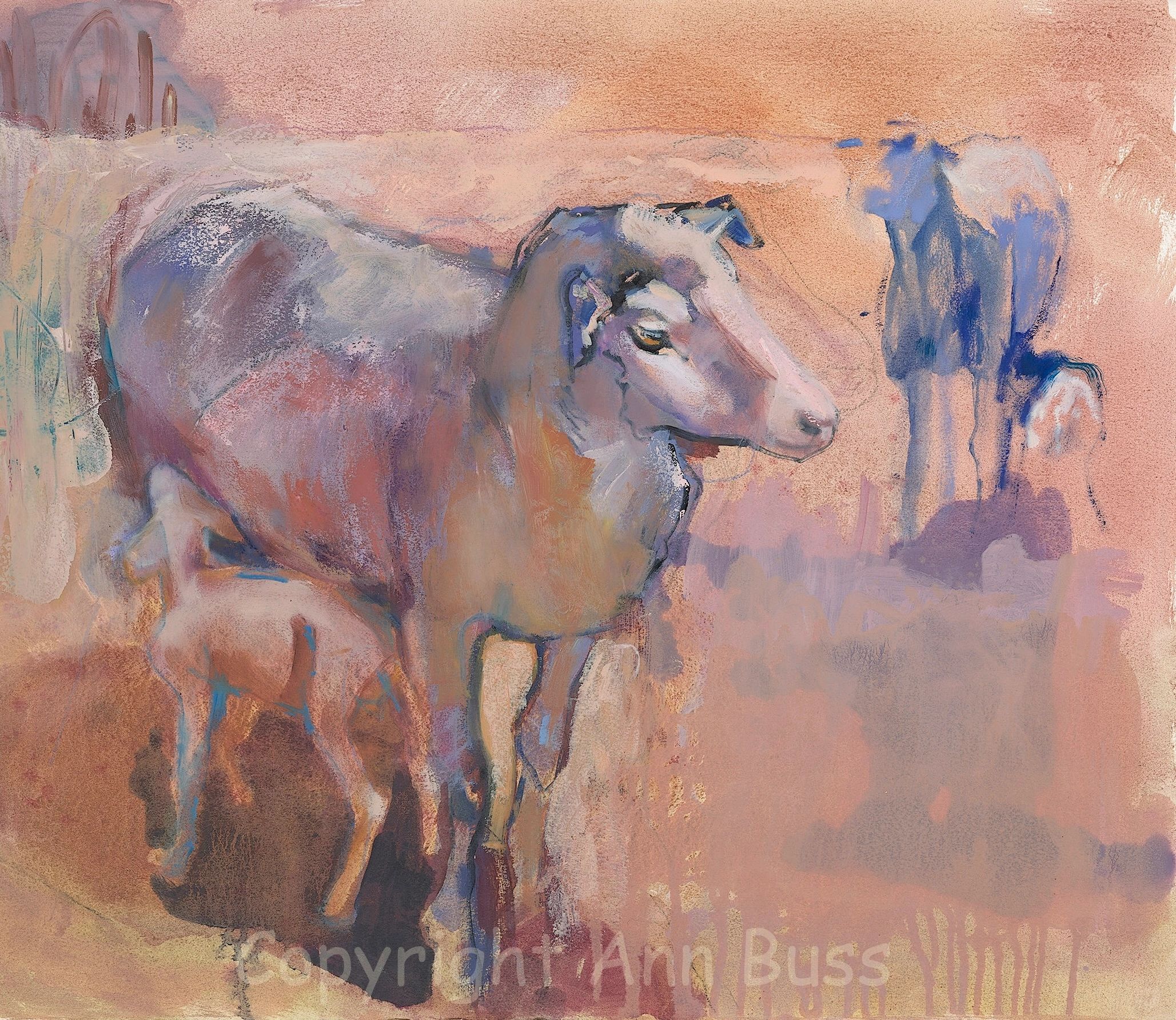 Abstract painting of a cow in soft pastel colors.