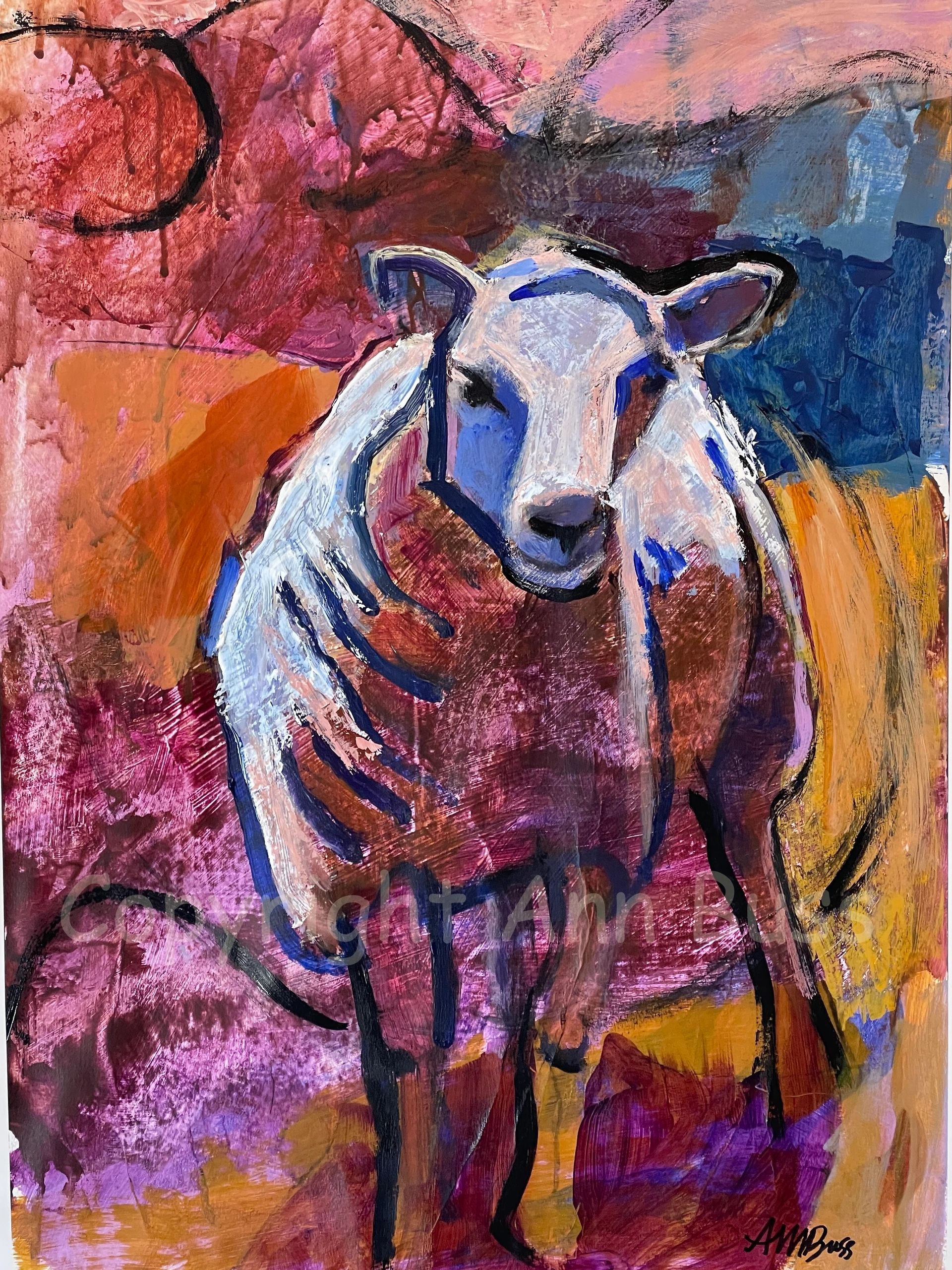 Abstract painting of a sheep with vibrant colors and bold brush strokes.