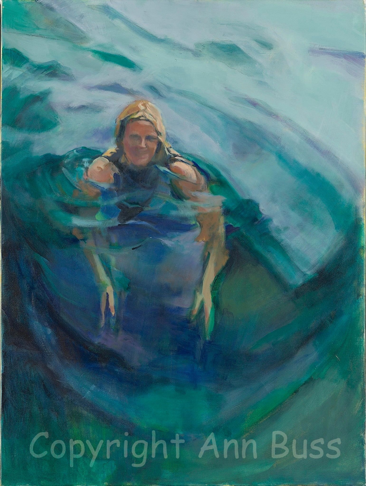 Abstract painting of a person immersed in swirling blue and green hues.
