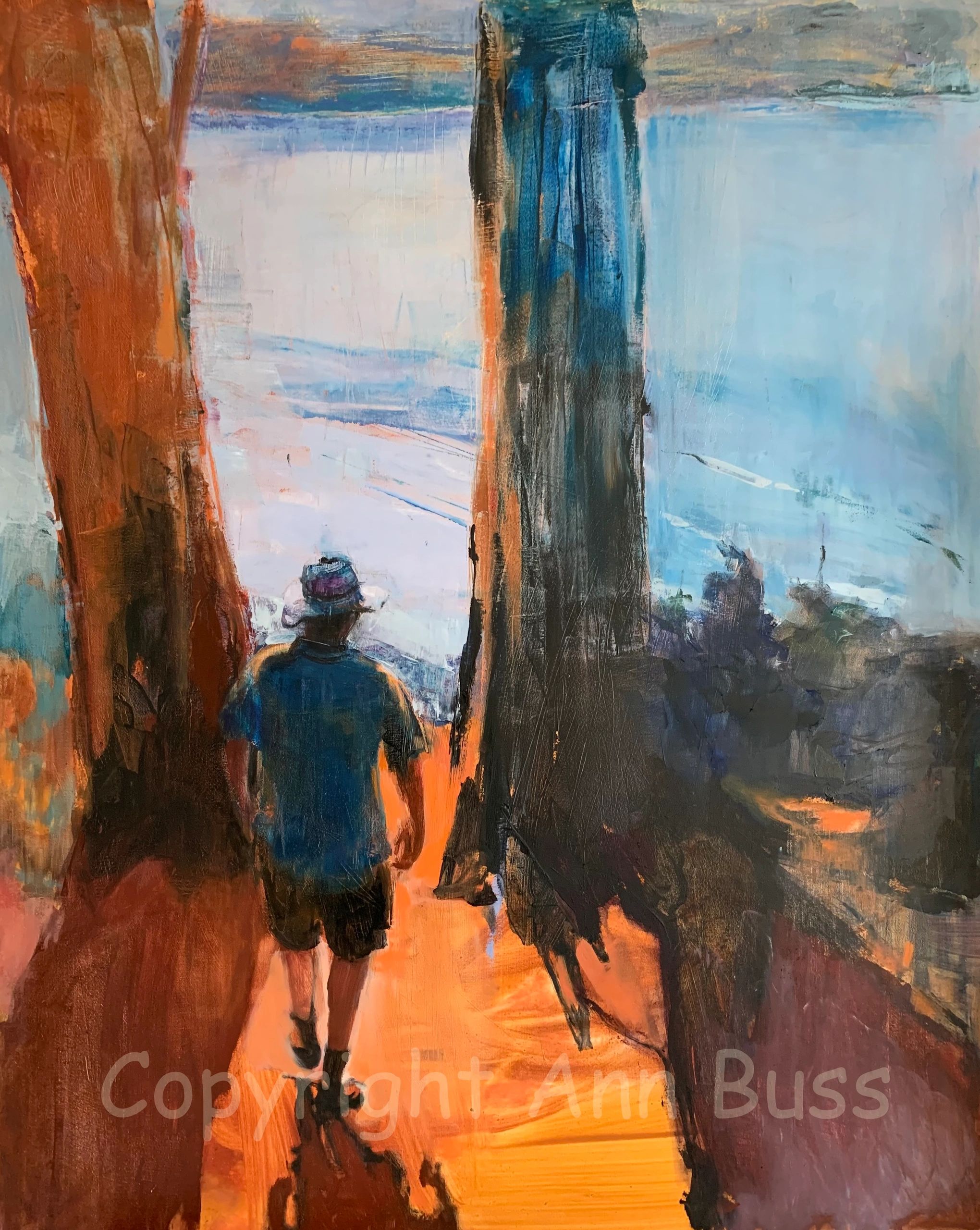 Abstract painting of a person walking between tall colorful structures.