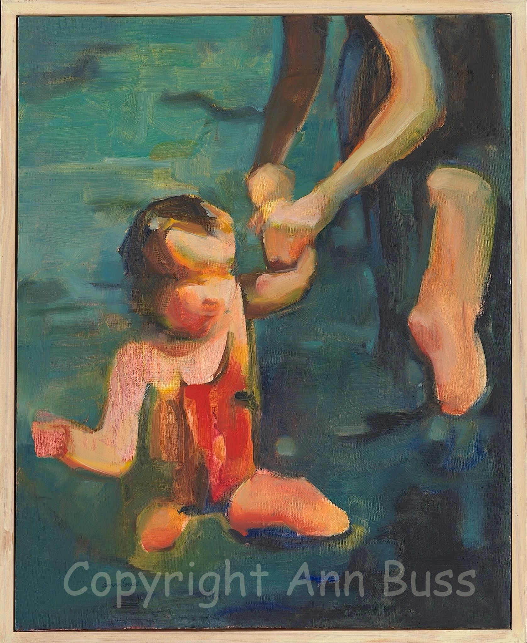 Impressionistic painting of a child holding hands with an adult.