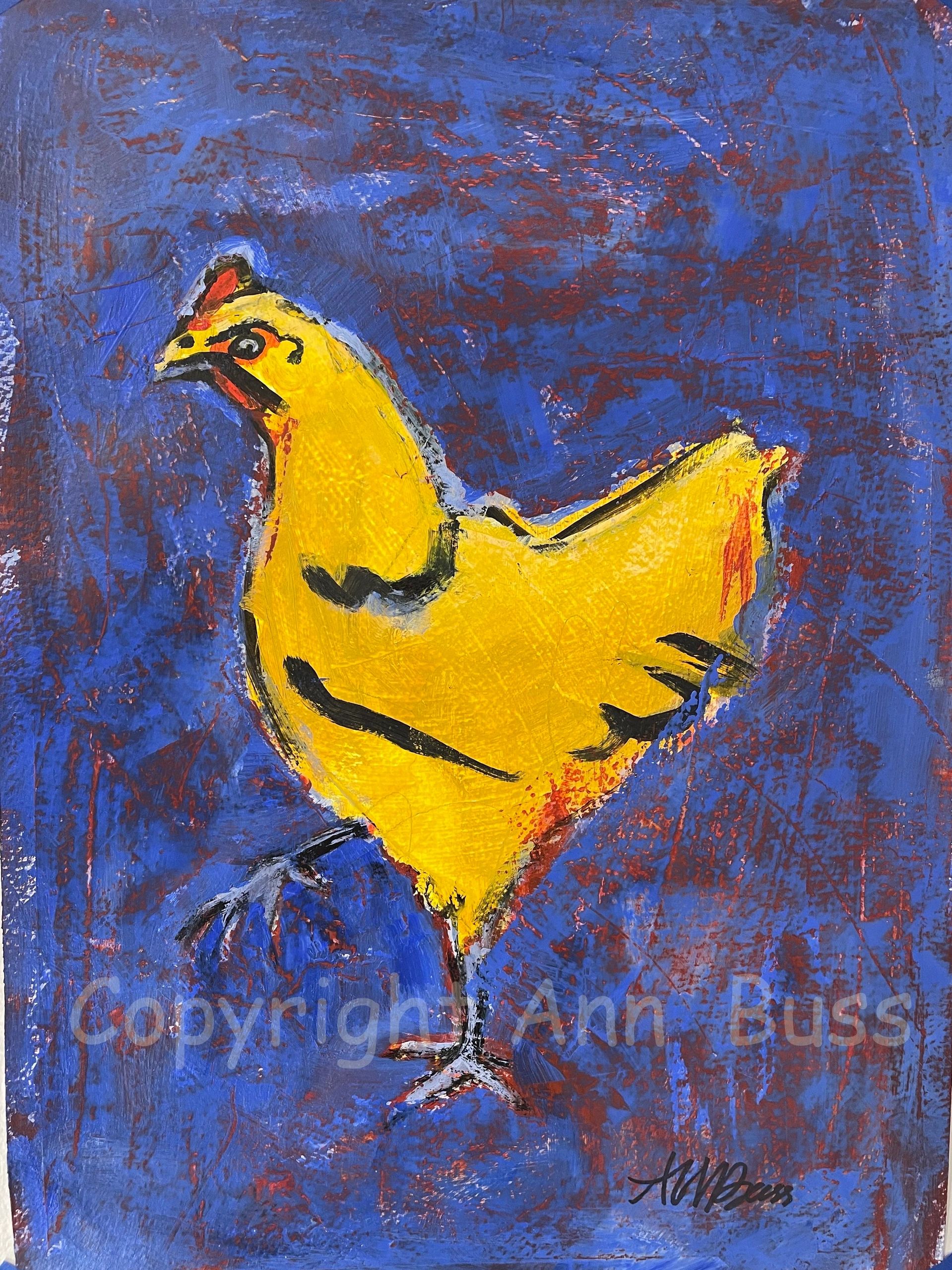 Bright yellow chicken against a textured blue background.