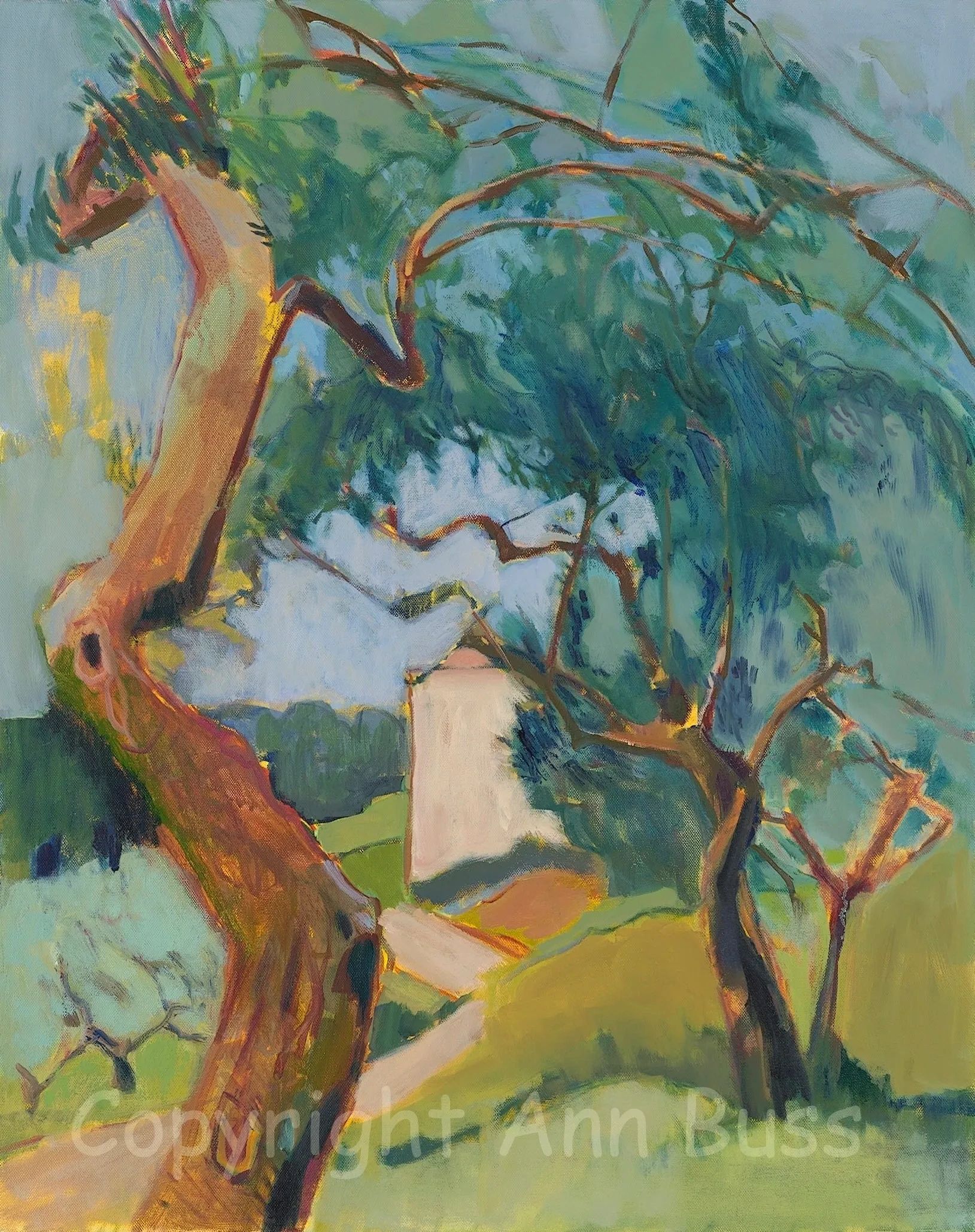 Colorful impressionist painting of trees with twisting branches and a soft landscape.