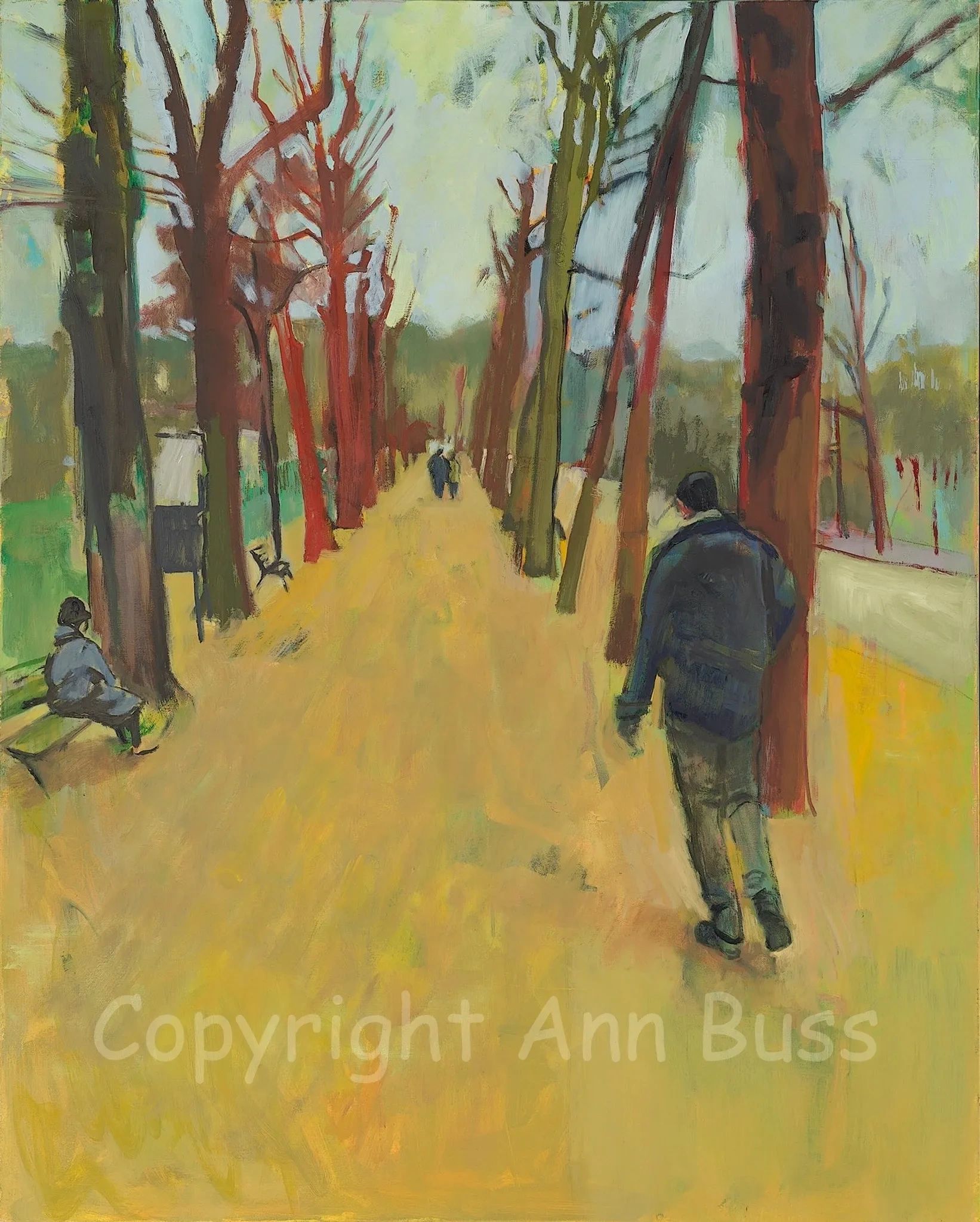 Painting of a tree-lined pathway with people walking and sitting on benches.