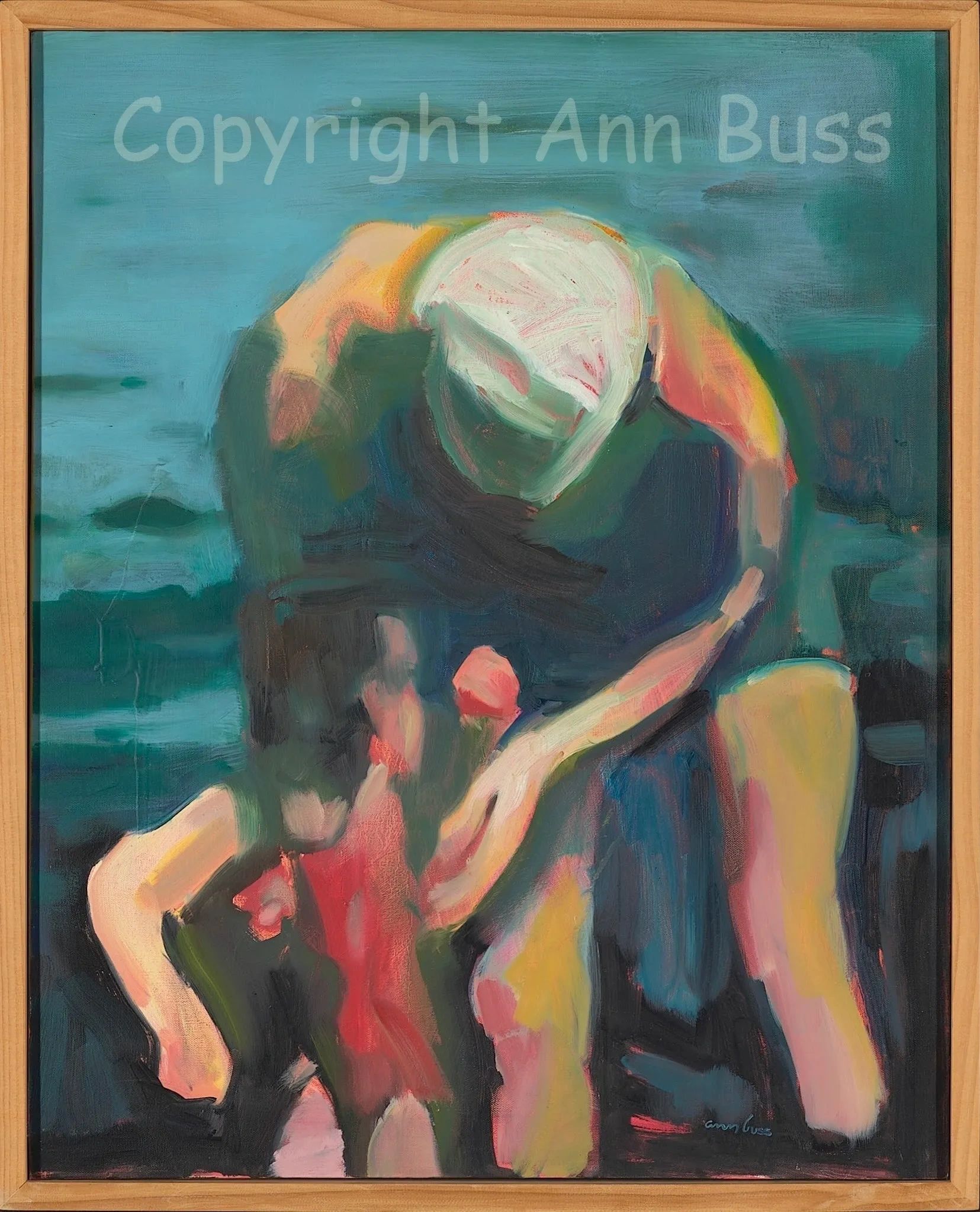 Abstract painting of two figures in vibrant colors against a blue background.